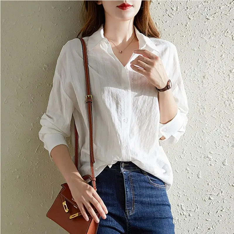 Spring Autumn Fashion Cotton Solid Shirts Women's Clothing Temperament Polo Neck Long Sleeve Single Breasted Korean Chic Blouses