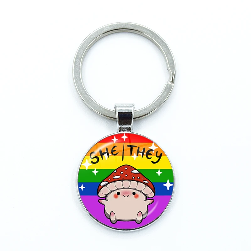 Non Binary Pride Mushroom She They Pronoun Keychain Cute Glass Cabochon KeyRing Bag Car Key Chain Ring Holder Jewelry Gifts