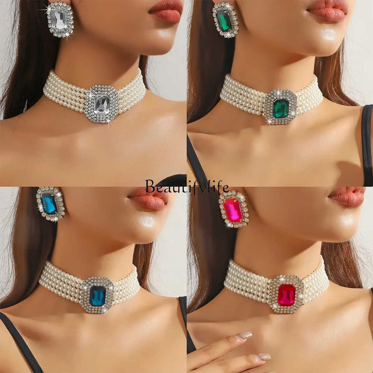 

European and American exaggerated multi-layer imitation pearl color rectangular geometric large crystal