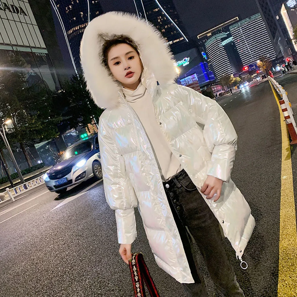 Women\'s Glossy Cotton Jacket 2022 Winter Long Parkas Ladies Coat Warm White Fur Collar Hooded Thicken Puffer Coats Outerwear