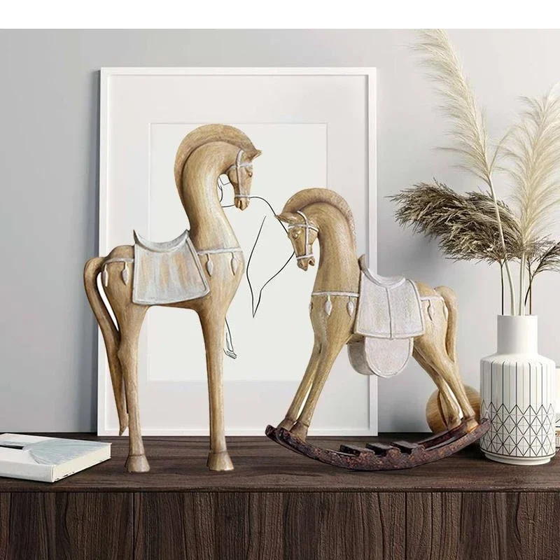 Imitation Wood Horse Statue Resin Crafts Ornaments Artwork Desk Decoration Animal Sculpture Modern Home Decor
