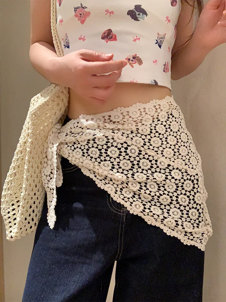 Korean Style Hollow Flower Overlap Women's High-End Sensation with Jeans  Skirt Curtain Retro Belted Half-length Skirt