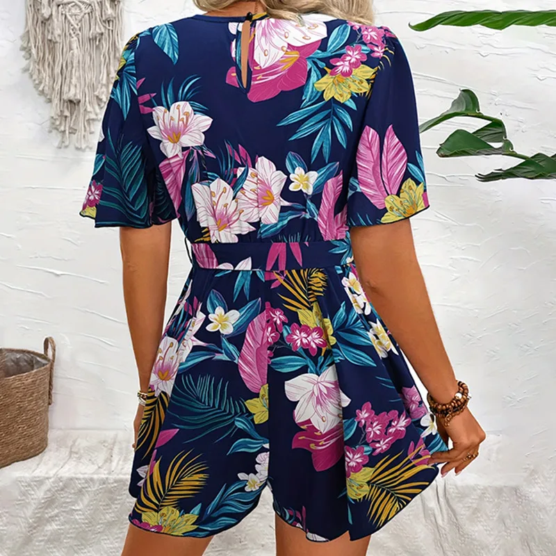 Bohemian Floral Print Short Jumpsuits For Women Summer Short Sleeve Wide Legs One Pieces Elegant 2024 Beach Wear Casual Outfit