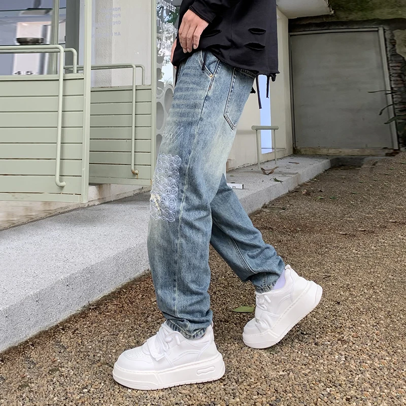 Fall new American style hole men's jeans loose tapered Harlan patch personality embroidery with tide pants men's pants