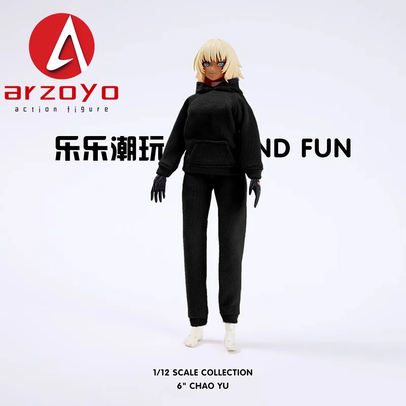 Model ubrań w skali 1/12: bluza sportowa z kapturem i spodnie, pasuje na figurki żołnierzyki damskie Romankey o wysokości 6 cali, modelujące się na żółwiu.