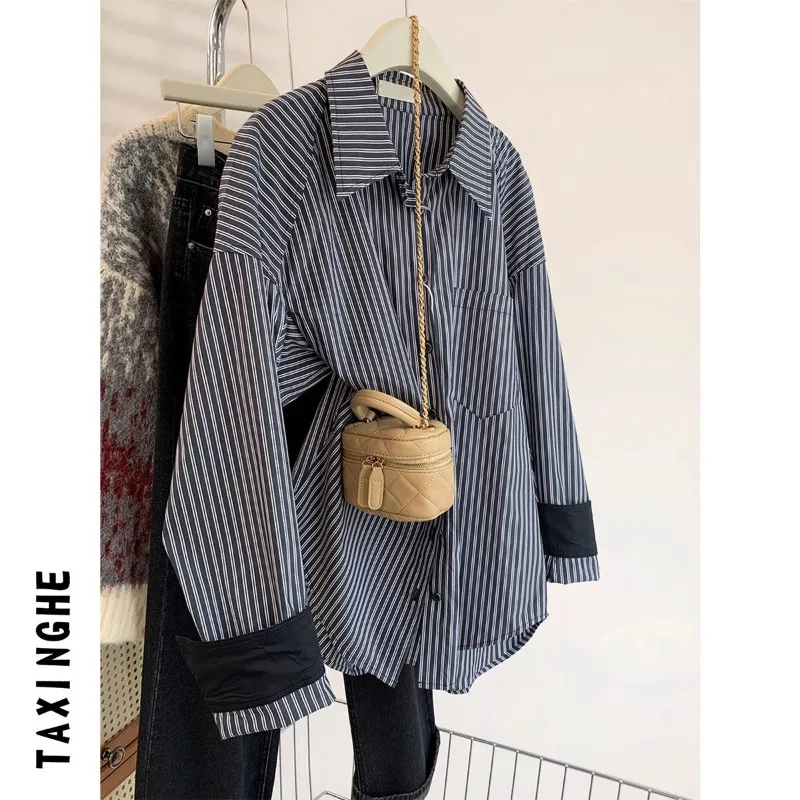 

Early Autumn Striped Lapel Long-sleeved Shirt Jacket for Women Spring Autumn 2025 New Loose Cardigan Shirt Top