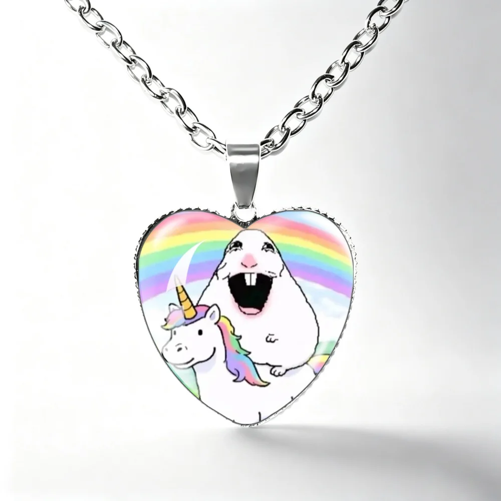 Creative Funny Hamster Meme Necklace Glass Cabochon Heart-Shape Pendant Necklace  Cartoon Animal Jewelry Gift For Friends MS056