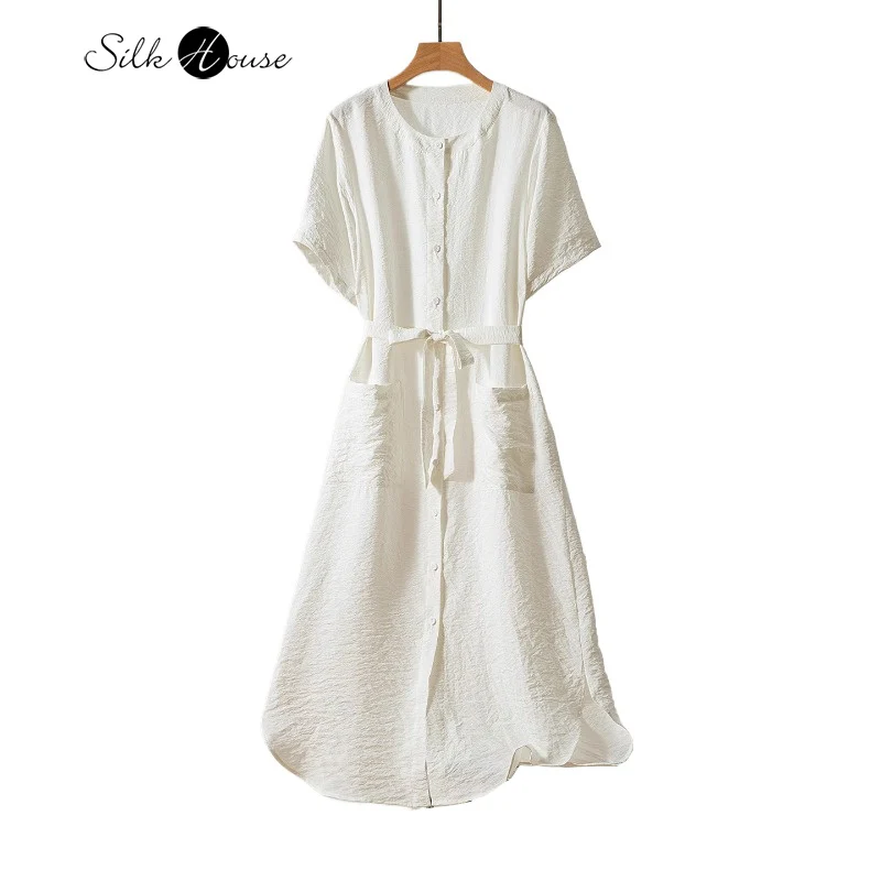 

Extremely Simple and Stylish 78% Natural Mulberry Silk Dry Silk Solid Color Simple Short Sleeved Versatile Women's Fashion Dress