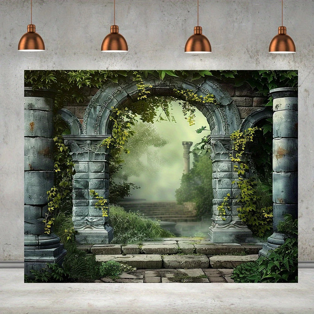 Vintage Palace Garden Backdrop - Gothic Castle Pillars & Arched Stairs, Foggy Medieval Thoto Prop For Parties & Portraits,