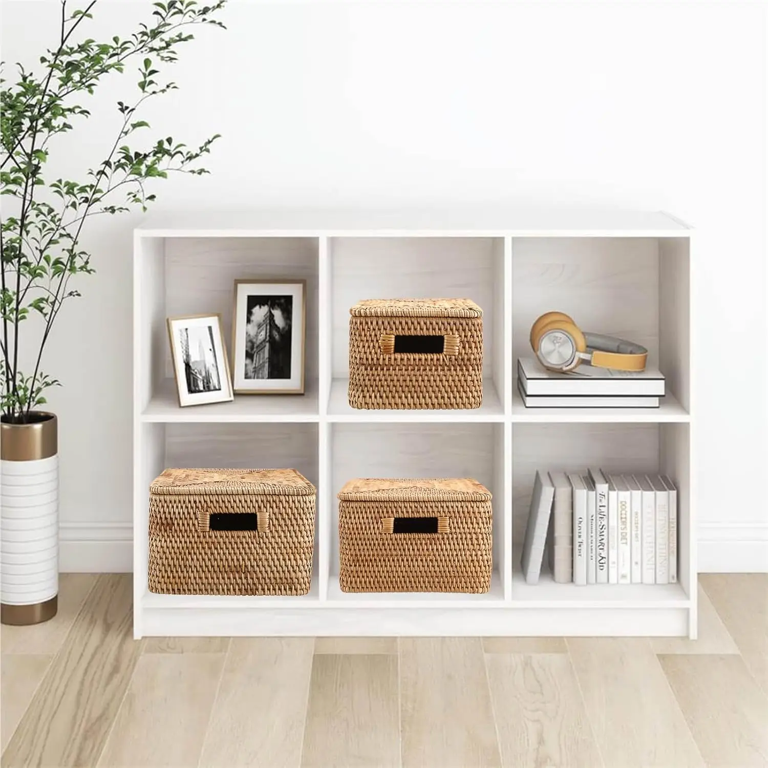 سلة الروطان مع غطاء سلة مستطيلة بغطاء سلة التخزين الخوص الطبيعية المنسوجة يدويا لتنظيم الرف نزهة