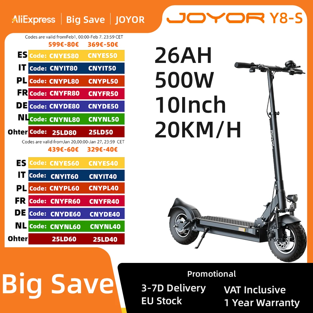 Electric scooter JOYOR Y8-S 500W Motor 48V 26AH Large Capacity Battery 110KM Battery Life 10 Inch Kick Folding Adults E-Scooters