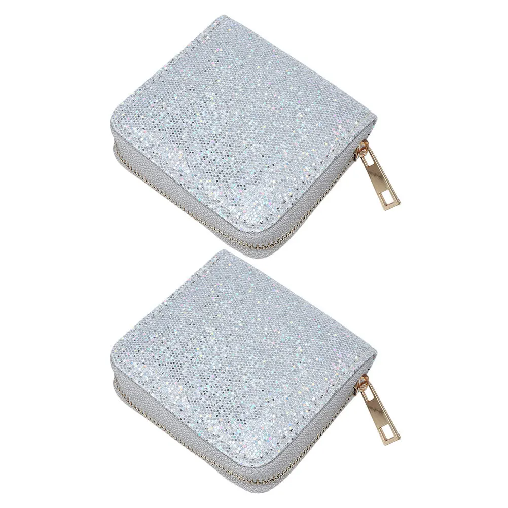 

2Pcs Small Ladies Wallet Zipper Coin Purse Vintage Silver Glitter Compact Card Holder Lightweight Change Purse for Women Outdoor