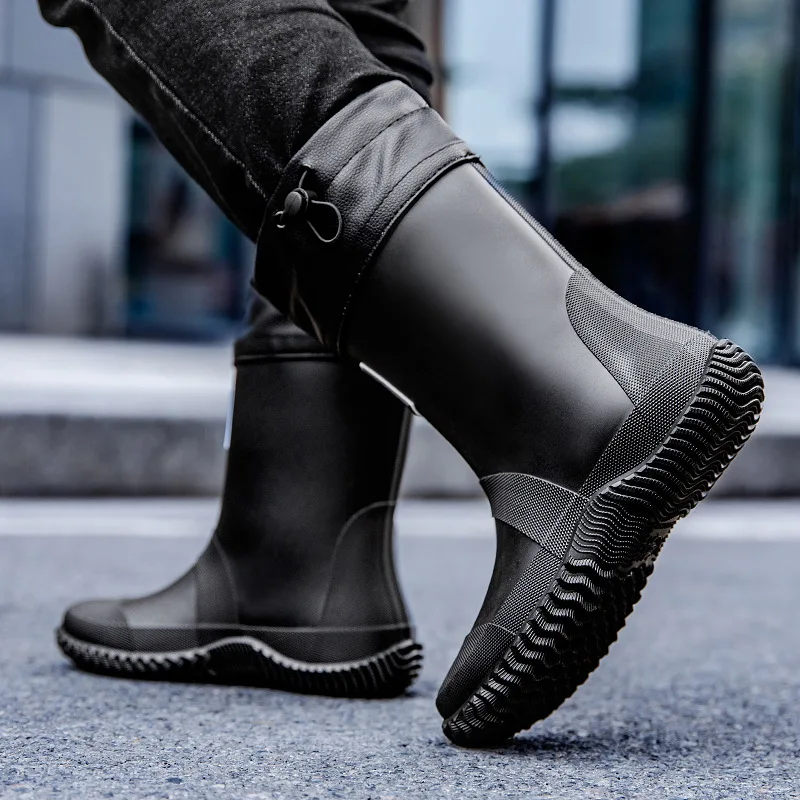 

Large Size Rain Boots Men's Waterproof Drawstring Fishing Lightweight Water Shoes Non-slip Wear-resistant Rider Rubber Shoes New