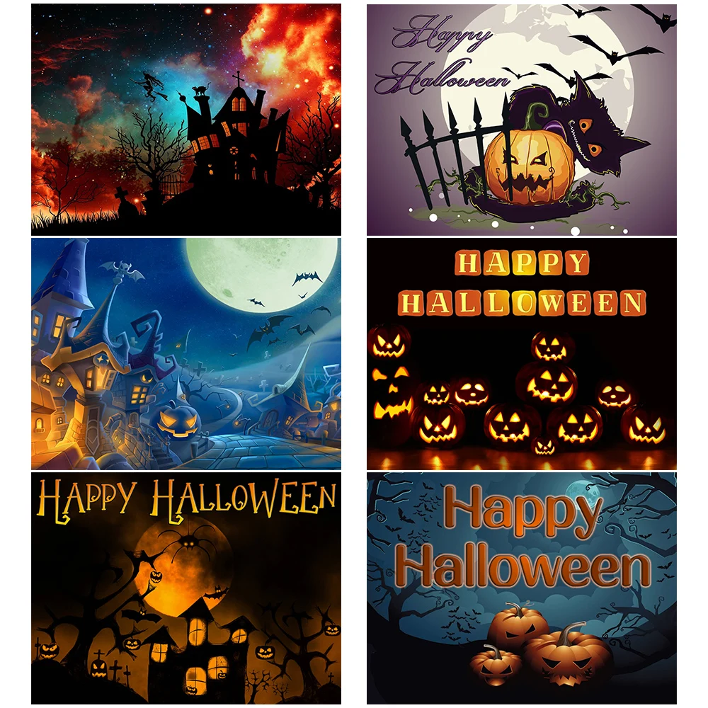Black Cat Castle Witch Terror Pumpkin Theme Happy Halloween Party Vinyl Background Baby Shower Decoration Photography Supplies
