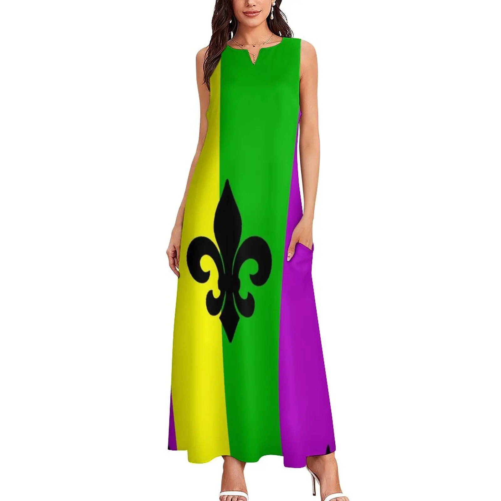 Fleur de Lis with Mardi Gras colors Long Dress women clothes festival outfit women Dress