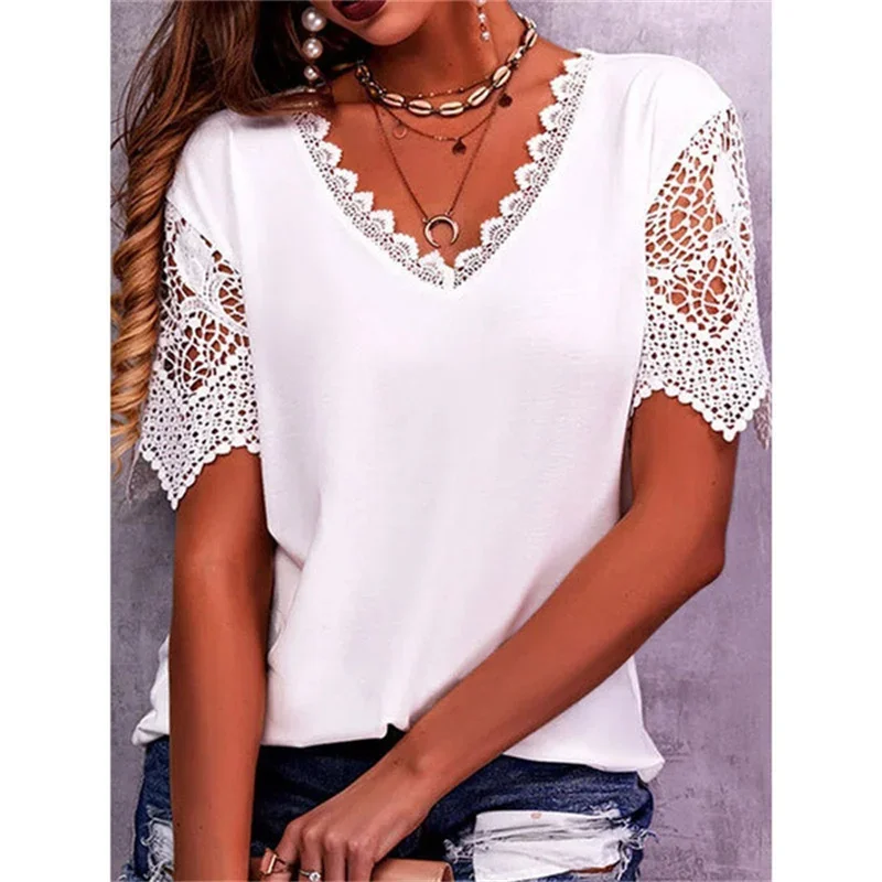 Spring Summer Women Shirts Elegant Hollow Out Lace Short Sleeve V-neck Casual Chic Oversized Blouses Solid Color Streetwear Top