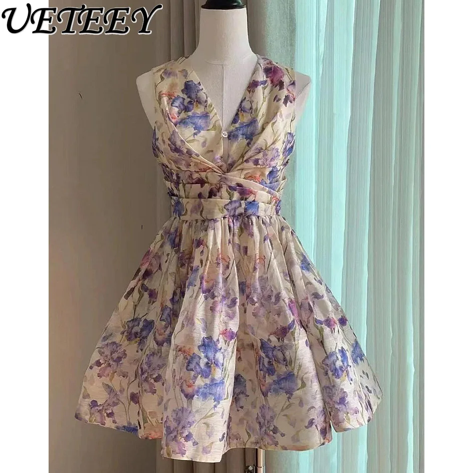 

Summer 2024 Gentle Retro High Sense Temperament Printed Sleeveless Dress V-Neck Fitted Waist Bubble Short Dresses for Women