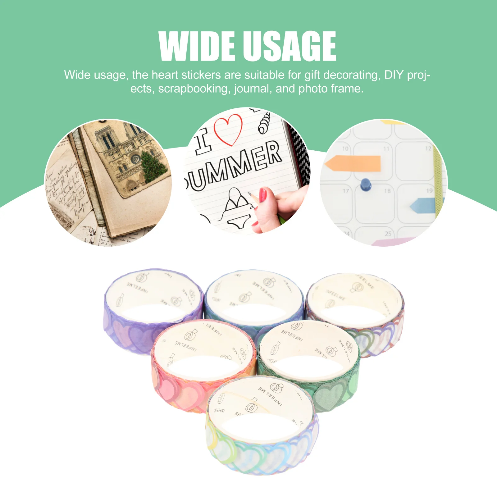 

6 Rolls Heart Shaped Washi Stickers Decorative Diy Adhesive Labels For Scrapbooking Journal Gift Sealing Mixed Colors Tape