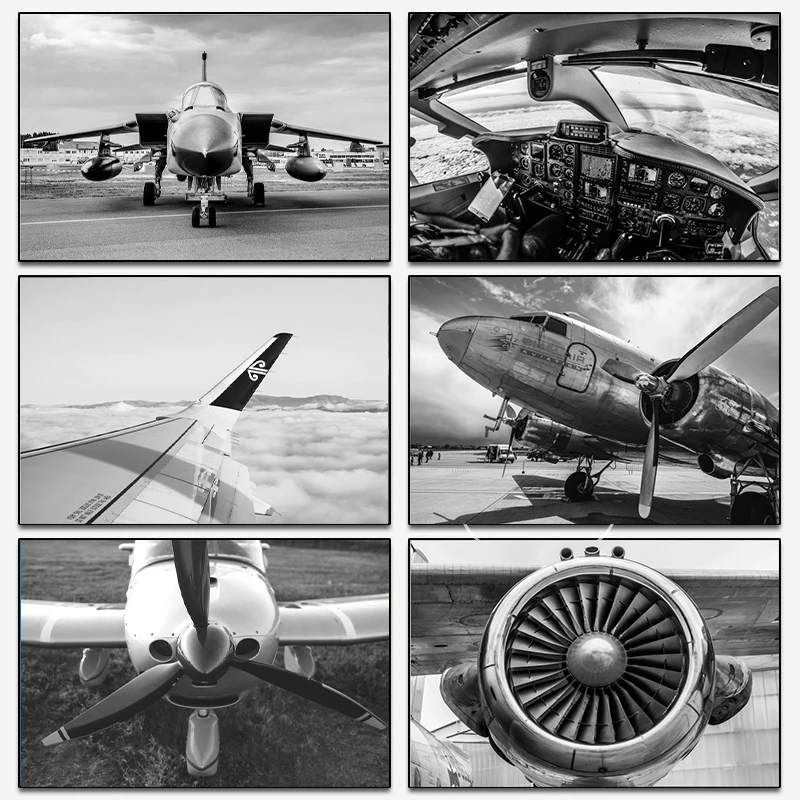 Black and White Fighter Poster Vintage Warplane Aircraft Propeller Canvas Painting Print Wall Art Picture for Home Office Decor
