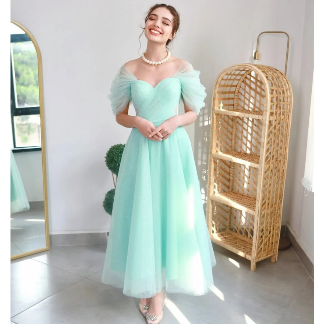 

Sweetheart Tulle A-line Evening Dresses Off the Shoulder Sequins Pleats Cocktail Dress Sparkly Lace Up Tea-Length Birthday Party