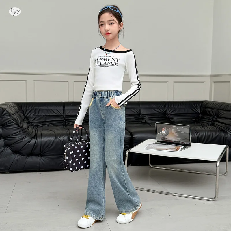 Girls' micro flared jeans for spring 2026, new children's lace pocket flared pants for slimming, spring and autumn pants