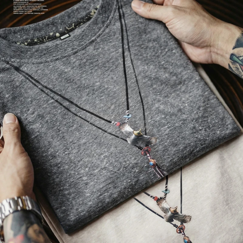 Maden Summer Men's Vintage T-Shirts Tribal Eagle Necklace Print Tops Oversize Loose Retro Workwear Casual Knit Patchwork Tee
