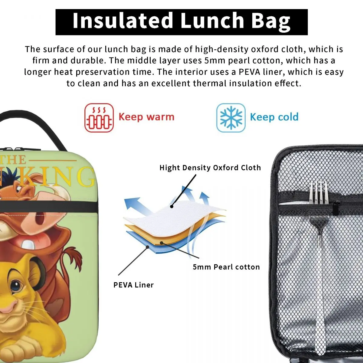For Girls Bento Boxes Simba Head Classic Thermal Disney⦆The Lion King⦆Film Zipper ClosureLunch Box BagFor Lunch