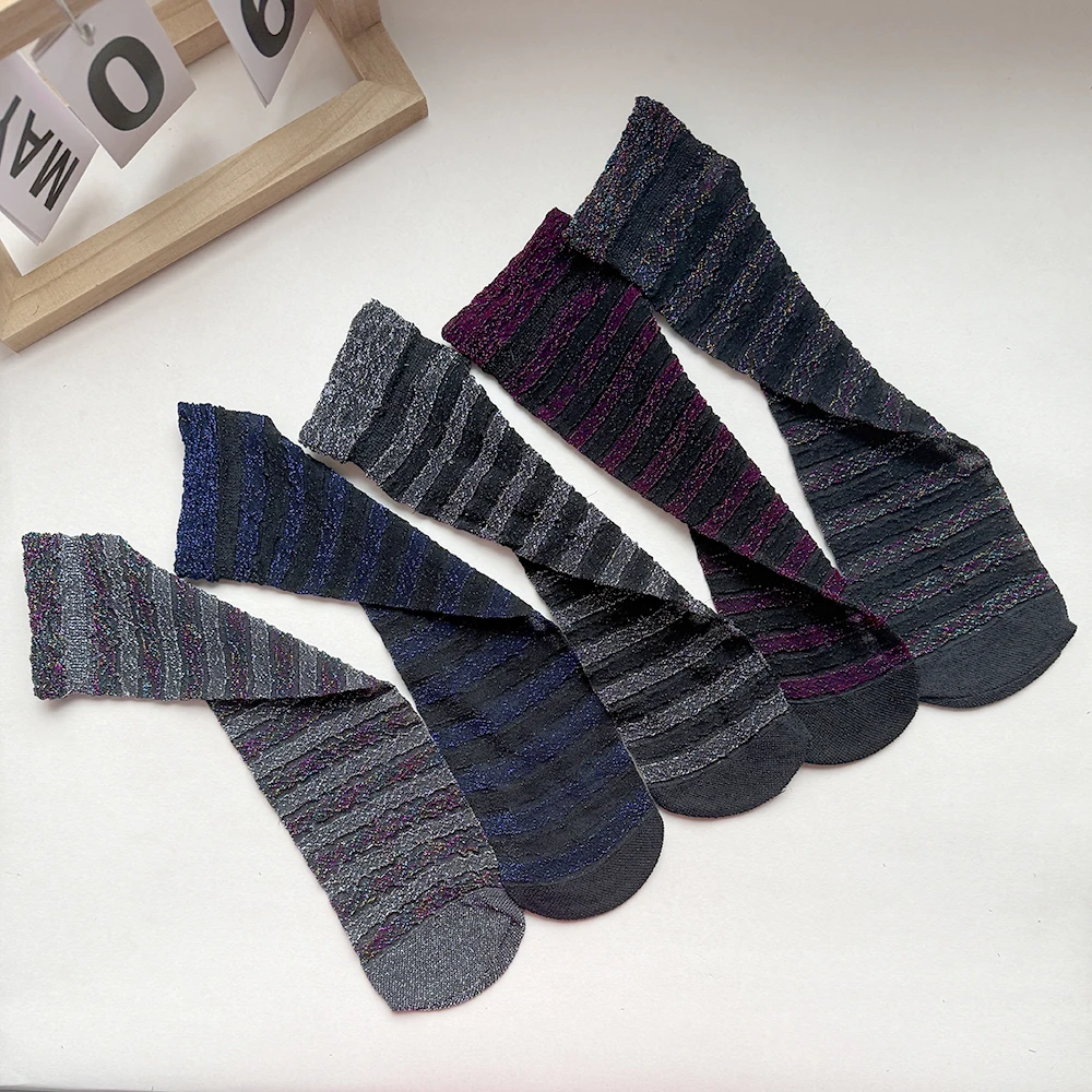 5 Paar/Set Damen Dünne Transparente Sommer Atmungsaktive Sexy Glänzende Socken Koreanischer Stil Seidensocken Luxus-Design Elastische Socken – Detail 5