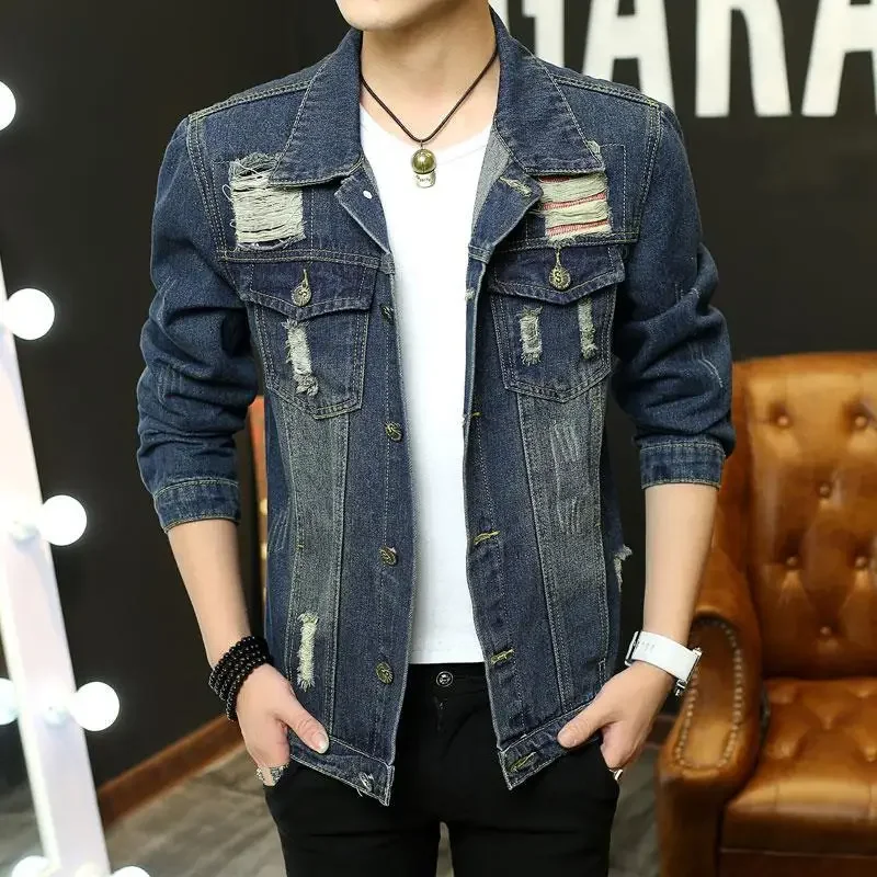 Lapel Slim Fit Male Jean Coats Lxury Korea Designer Outwear Vintage Cowgirl Worn Japanese Men's Denim Jacket Retro Rock Menswear