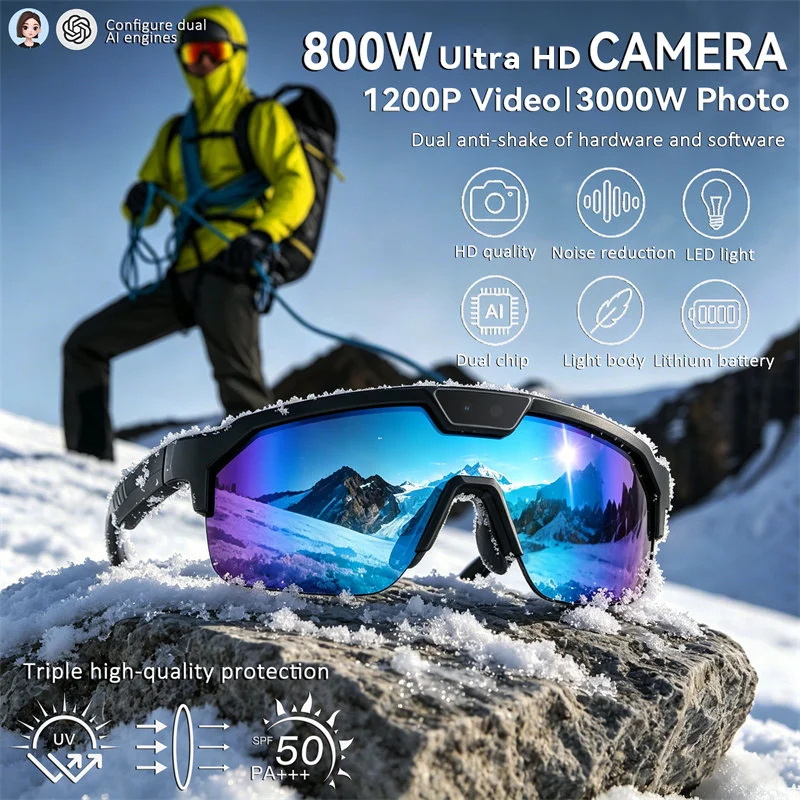 Lunettes intelligentes IA d'extérieur avec caméra HD 800W, appel Bluetooth, traduction, anti-tremblement, réduction du bruit, anti-ultraviolet pour hommes