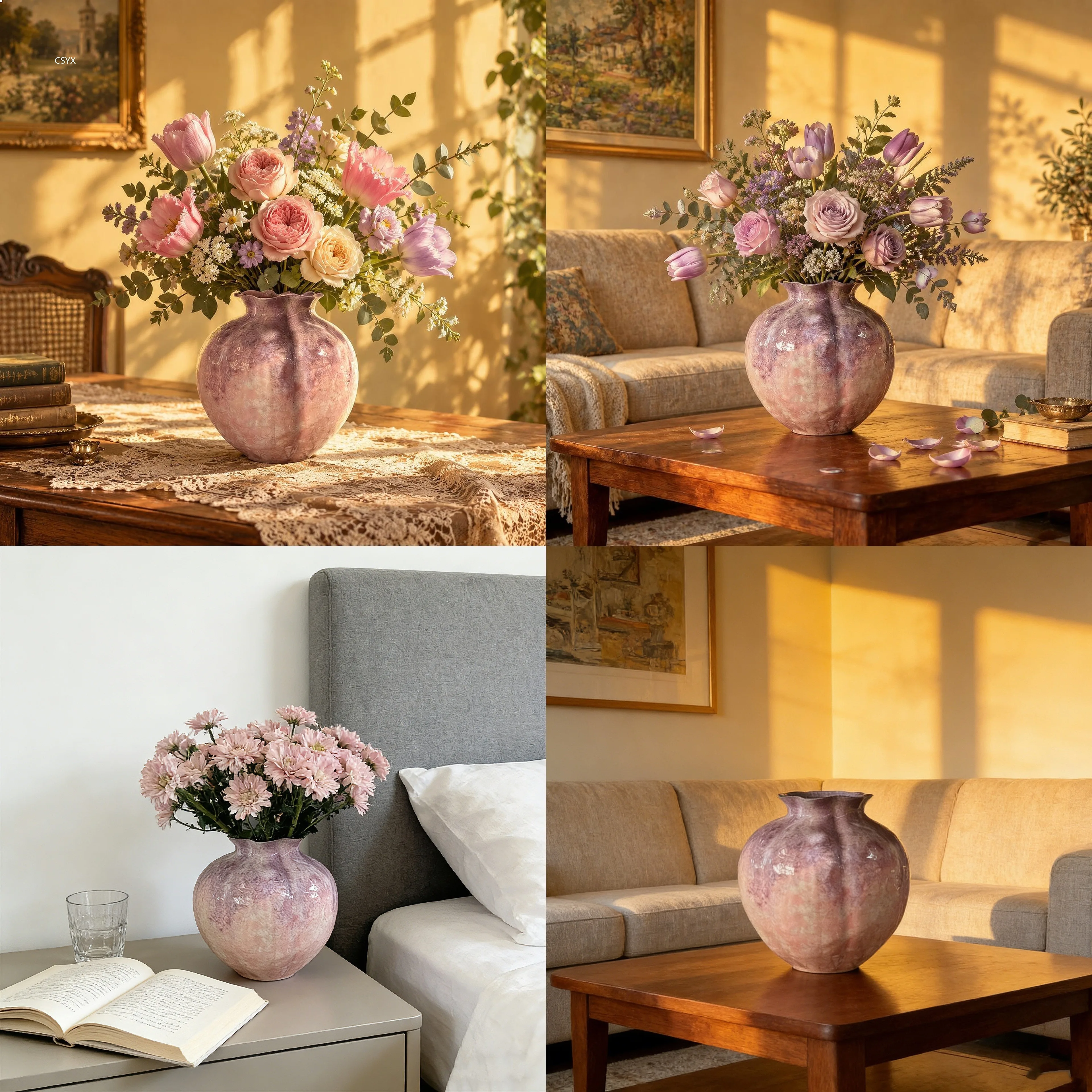 Vase Decor - แจกันเซรามิกสีม่วง รูปทรงฟักทอง สำหรับดอกไม้สด ดอกไม้แห้ง ไฮโดรโปนิกส์ ตกแต่งบ้าน