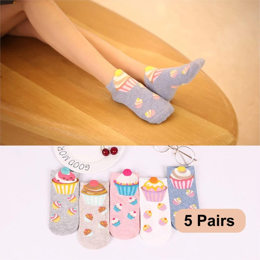 5 paires femmes coton chaussettes cupcake courtes cheville chaussettes mignon Kawaii crème fée Patty gâteau sucre lait belles chaussettes drôles