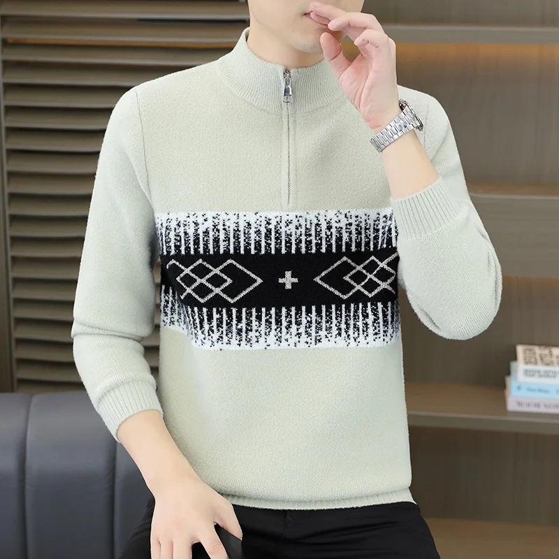 

Мужской вязаный свитер на молнии с высоким воротником, теплый базовый слой, осень-зима, элитный цвет, Blo, геометрический узор