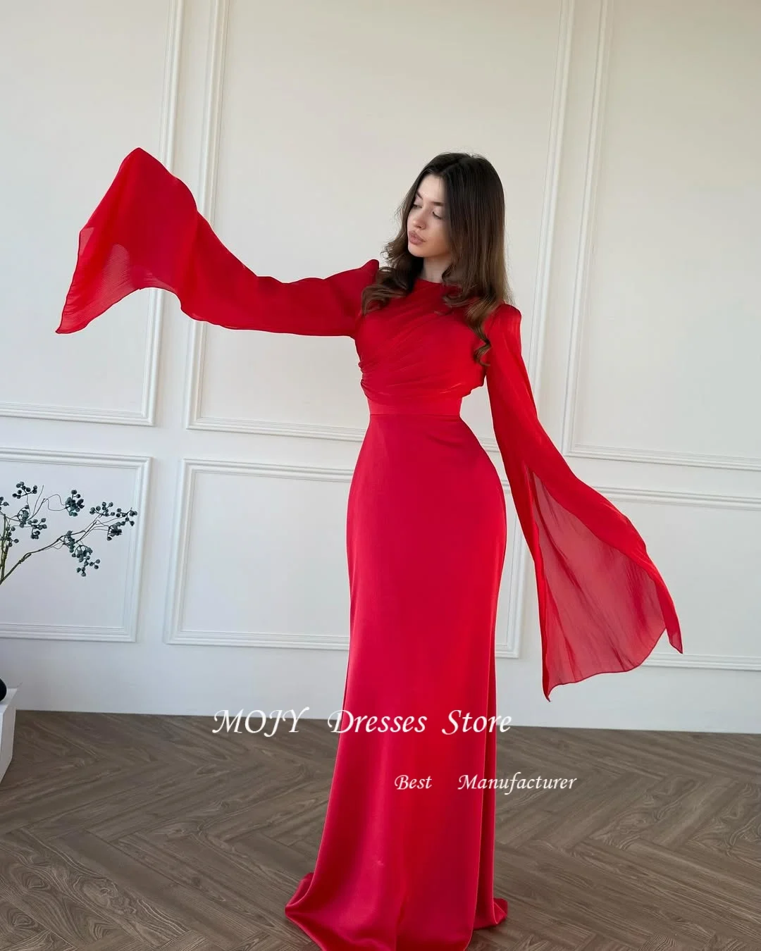 Mojy Elegante Rode Zeemeermin Galajurk Kapmouwtjes Geplooid Aangepaste Dames Avondfeestjurken Nieuwe Mode فستان • 1897