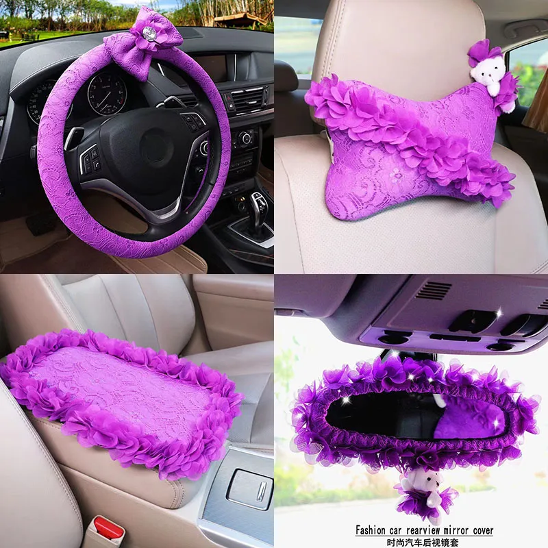 Trendy Goddess Car Steering Wheel Covers Lace Embroidery Car Headrest Seat Belts Universal Auto Interior Accessories Decoration