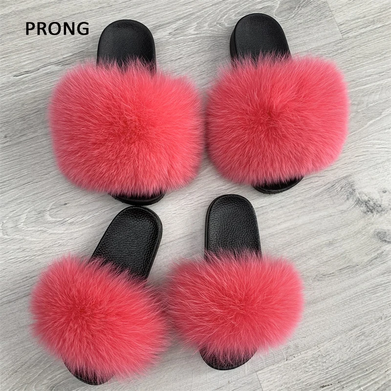 Summer Women Kids Fox Fur Slippers Mother Daughter Real Fur Slippers Plush Baby Slides Ladies House Shoes Furry Fur Flip Flops