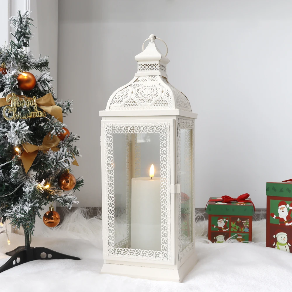 Metal Candle Holder Rustic Candle Lantren White Hanging Lantern Candlestick Lantern for Living Room Wedding Party Home Decor