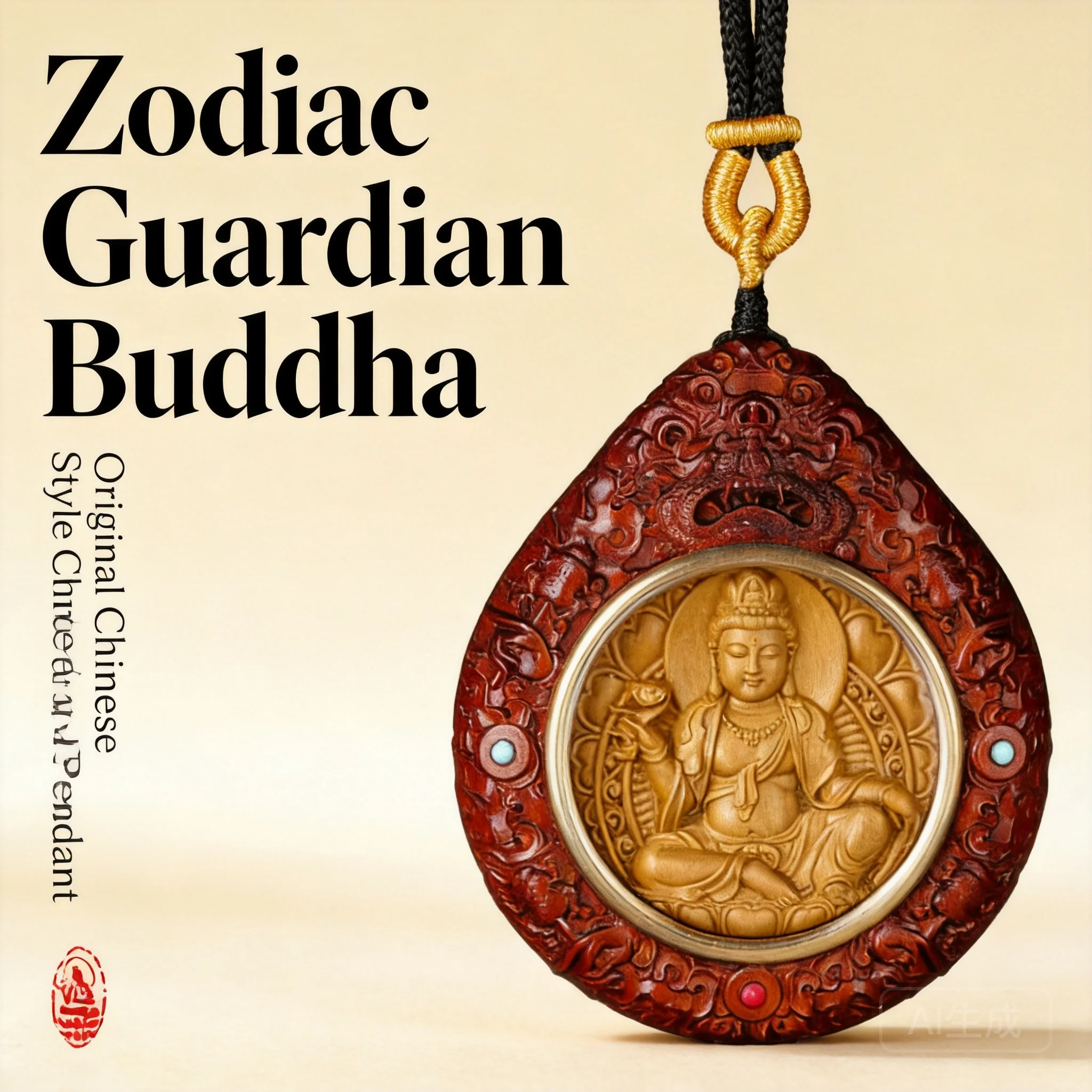 Hand Carved Chinese Style Red Sandalwood 12 Chinese Zodiac Patron Buddha Pendant Lucky Blessing Wealth Attracting Necklace Car