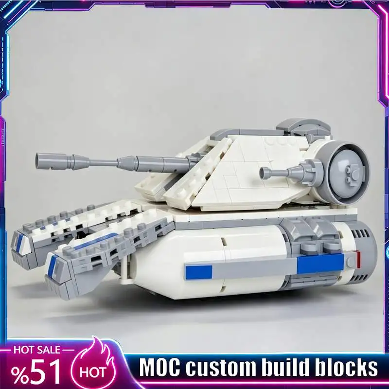 667PCS White Blue Sci Fi Hover Battle Tank Block MOC Model DIY Assembly Vehicle Desktop Collection Educational Toy Birthday Gift