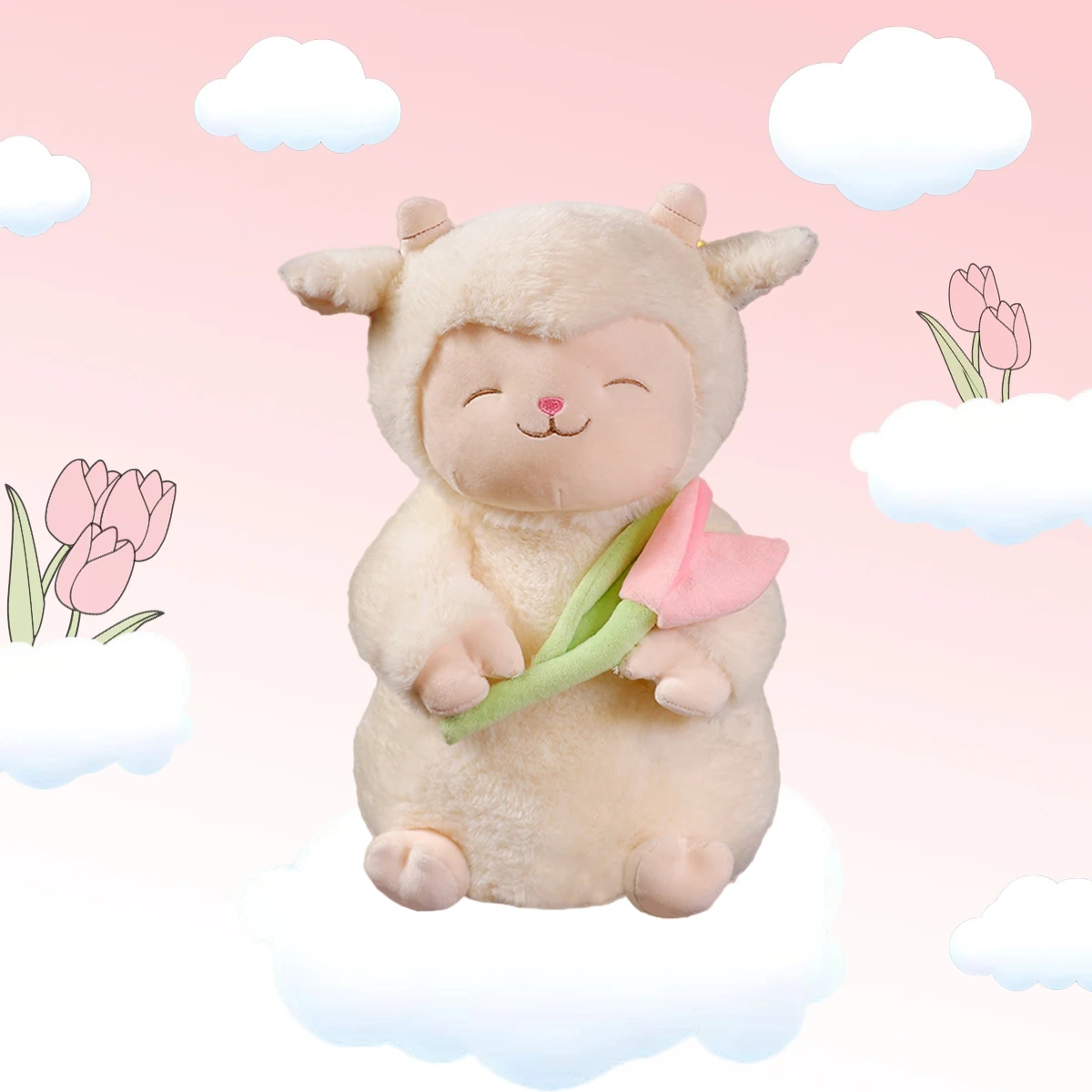 Nice Kawaii Sweet White Sheep Lam Hold Tulip Flower Plush Doll Soft Stuffed Lamb With Plushie Toy Cute Gift For Kid Birthday