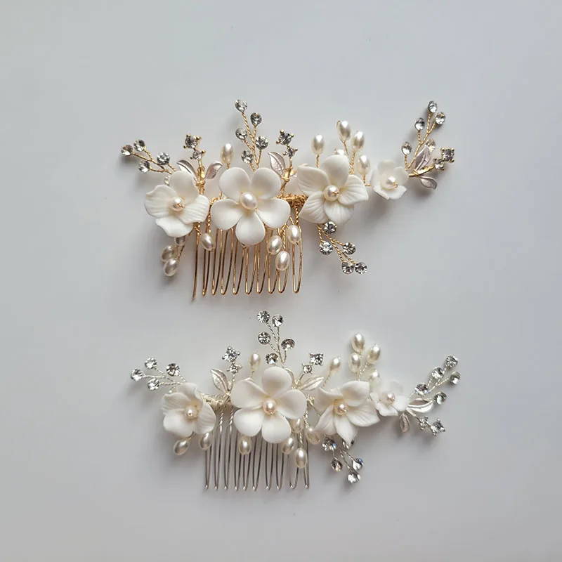 SLBRIDAL Handmade Crystal Rhinestone Pearls Porcelain Flower Bridal Hair Comb Wedding Hair Accessories Bridesmaids Women Jewelry