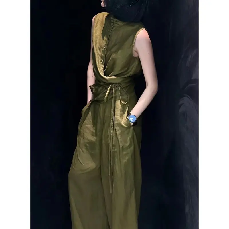 2024 Summer Design Sense Fashion Set New Chinese Style Chinese Style Pan Button  Green Vest Wide Leg Pants Two Piece Set