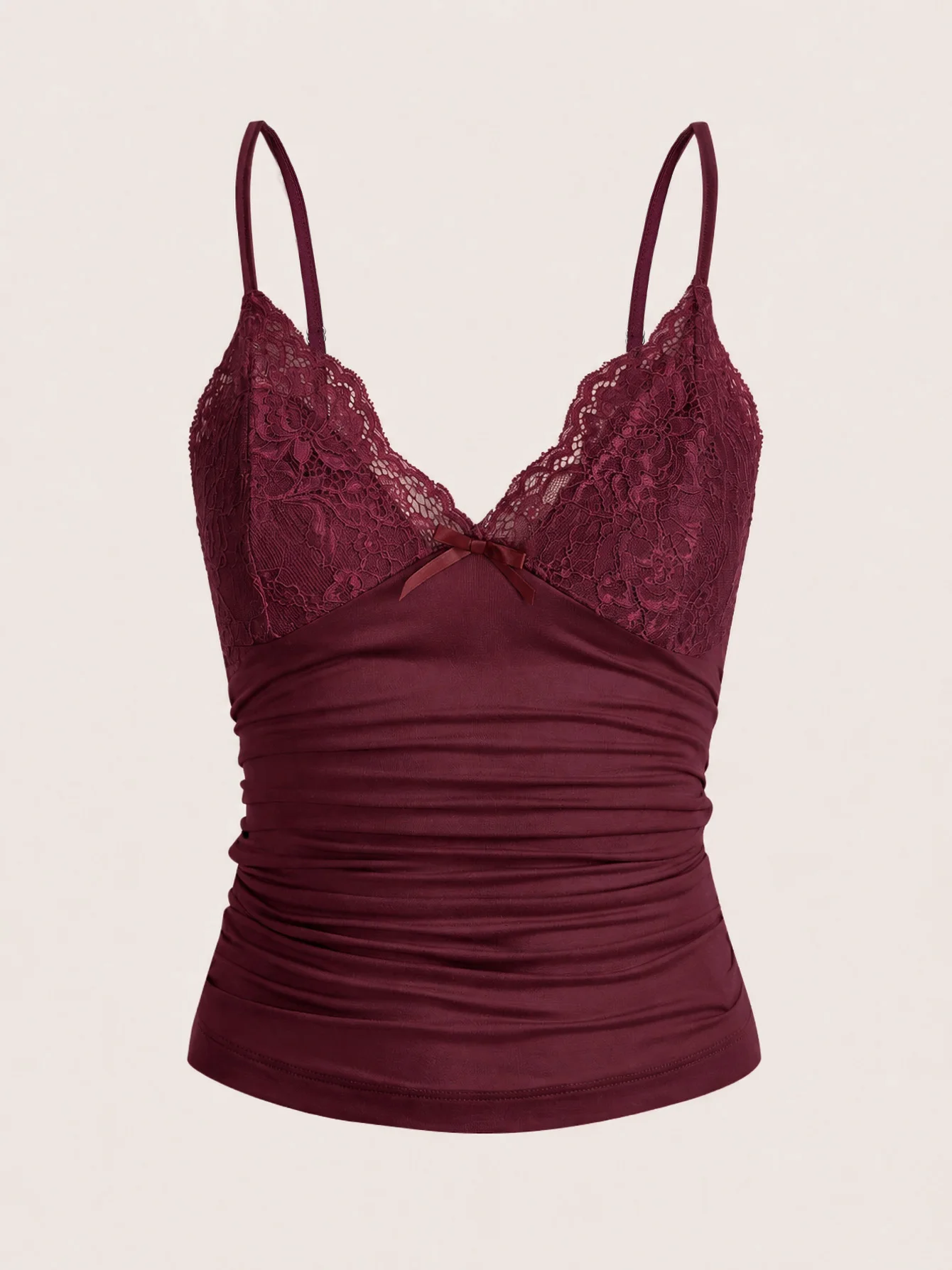 Women's Wine Red Smooth Satin-textured Cami Top, Floral Lace V-Neck Tiny Bust Bow Waist Ruched Slimming Plus Size Spaghetti Stra