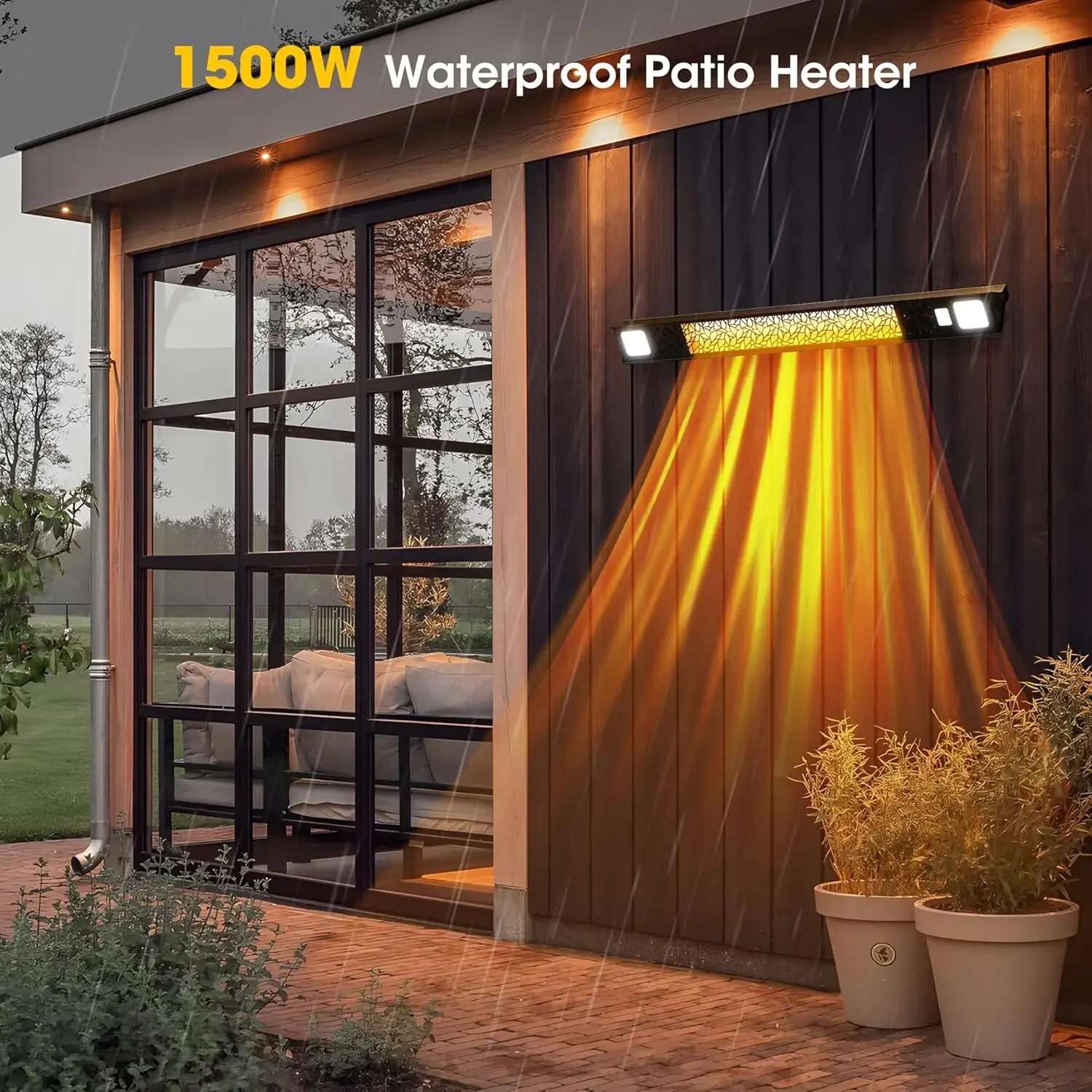 Wall-Mounted Electric Heater, Hanging Patio Heater with Light, Ceiling Outdoor Heater, 1500W Infrared Heater, 9 Heat Levels, 24H