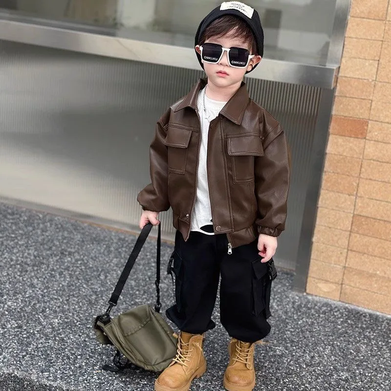 2025 Spring Autumn Boys' PU Leather Jacket Edgy Toddler Coat for Kids