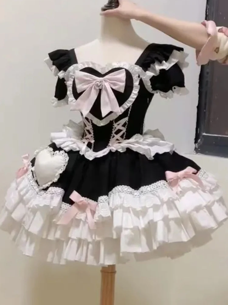 Japanese Bow Lolita Women Dress Kawaii Sweet Short Sleeved Female Cake Skirt Bandage Print Soft Girl Style Chic Mini Dress New