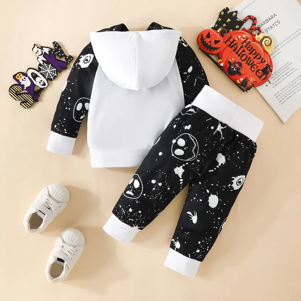 Roupas estampadas com letras de Halloween para bebê menino, blusa e macacão com capuz, calças elásticas, roupas de outono, 2 peças