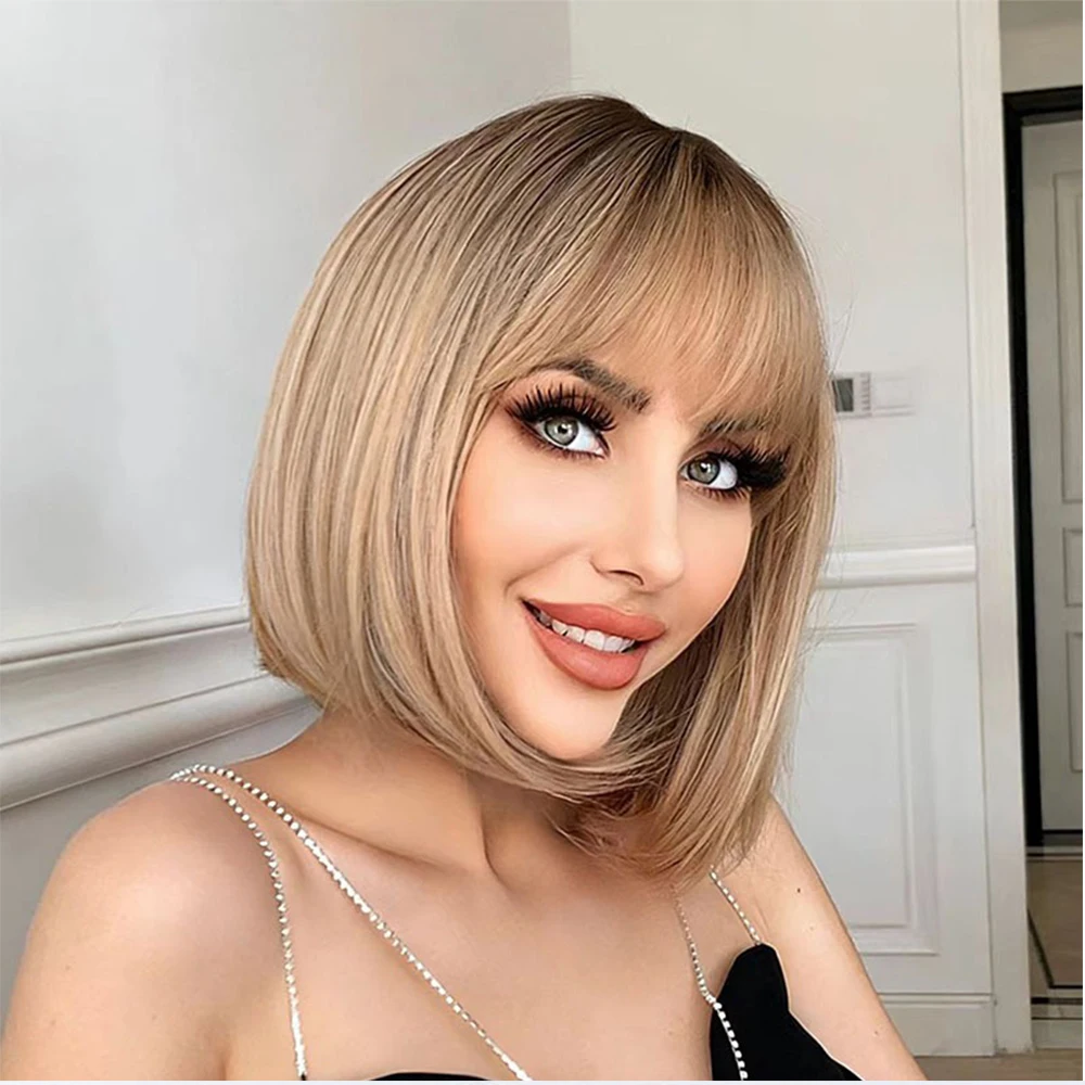 

Short Straight Synthetic Wig with Bangs Bob Straight Hair Lolita Wigs Women Daily Use Cosplay Wig Heat Resistant Natural Hair