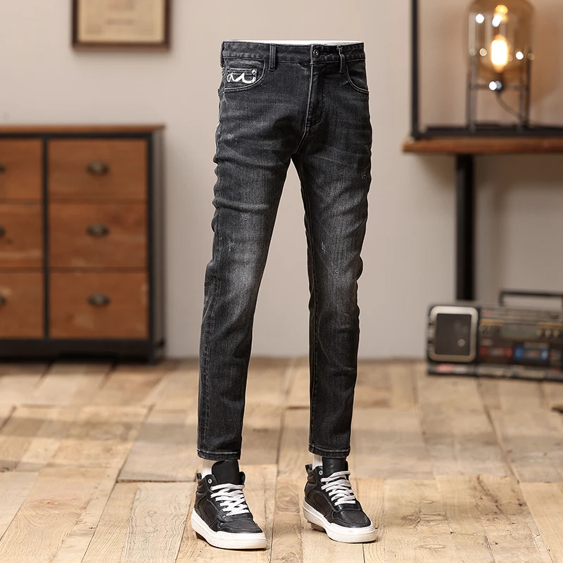 Jeans lavado high-end masculino, reto, magro, versátil, bordado, calça de trabalho diário, outono e inverno, moda, moda