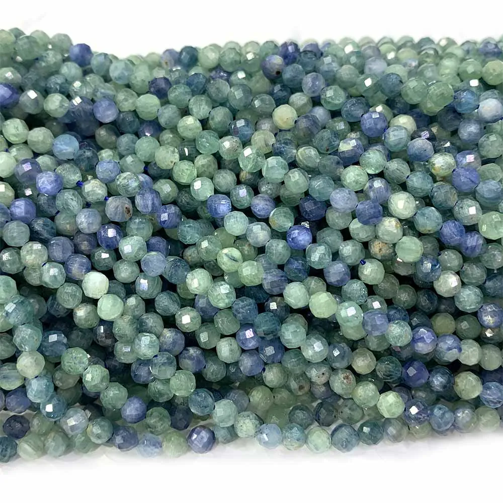 Veemake Natural Green Blue Kyanite Round Faceted Small Beads For Jewelry Making 08531